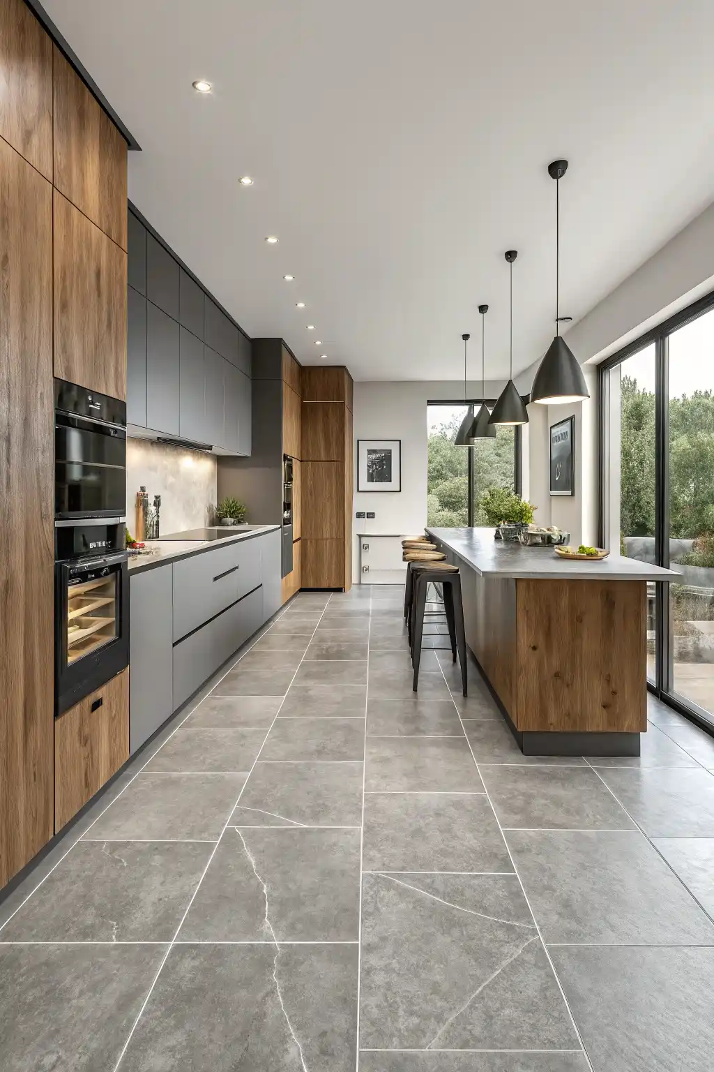 Spacious modern kitchen with large-format gray stone-look porcelain floor tile and wood and dark cabinetry